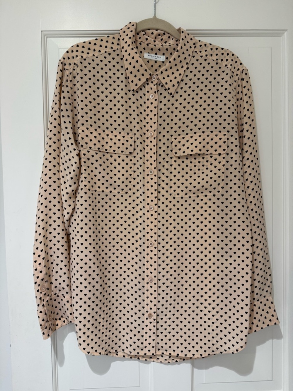 Equipment Beige Button-Down Shirt with Black Heart Print